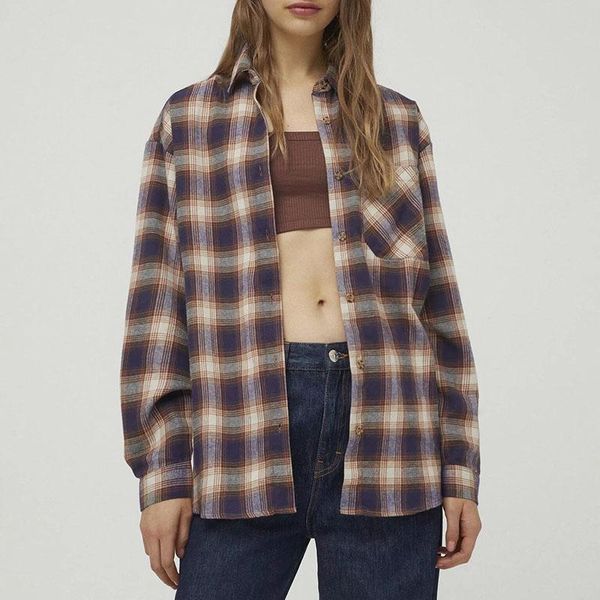 women's polos pocket casual all-match lapel long sleeve spring and autumn style retro color check shirt, White
women's polos pocket casual all-match lapel long sleeve spring and autumn style retro color check shirt, White
