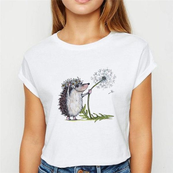 women t-shirt female hedgehog with dandelion tshirt o-neck tee shirt funny graphic spring summer short sleeve harajuku tees, White 
women t-shirt female hedgehog with dandelion tshirt o-neck tee shirt funny graphic spring summer short sleeve harajuku tees, White