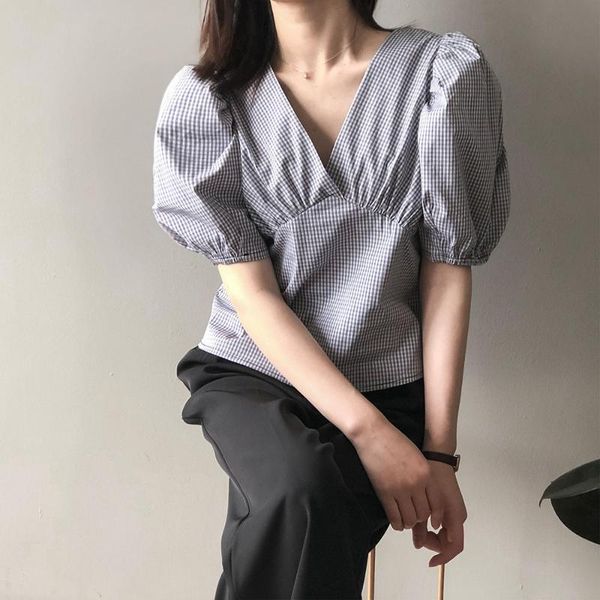 women's blouses & shirts summer short sleeve blouse japan korean chic girls shirt female brit graphics v-neck puff plaid women, White
women's blouses & shirts summer short sleeve blouse japan korean chic girls shirt female brit graphics v-neck puff plaid women, White
