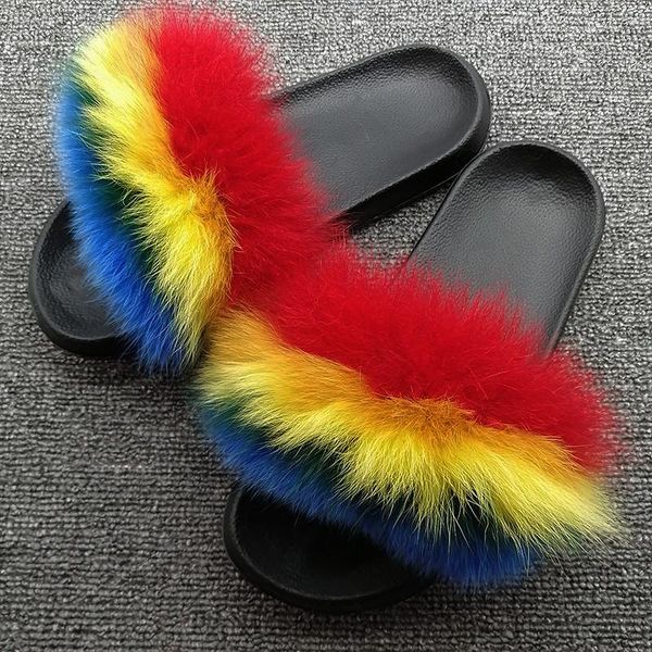 slippers women fur lovely slides real drop shoes, Black