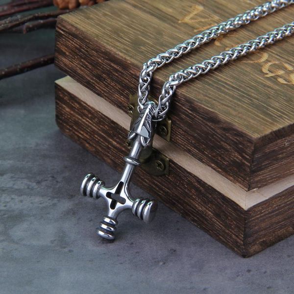 pendant necklaces never fade stainless steel nordic viking wolf cross necklace with wooden box as gift, Silver