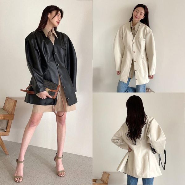 women's jackets chinese autumn french temperament v collar chic single breasted loose solid color versatile lantern sleeve leather coat, Black;brown
women's jackets chinese autumn french temperament v collar chic single breasted loose solid color versatile lantern sleeve leather coat, Black;brown