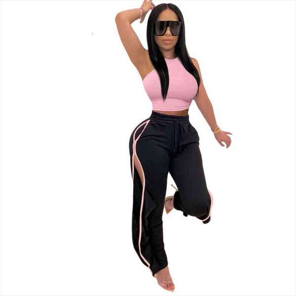 women sleeveless halter vest pants outfits high waist split pants trousers patchwork streetwear sport straight suit, White
women sleeveless halter vest pants outfits high waist split pants trousers patchwork streetwear sport straight suit, White