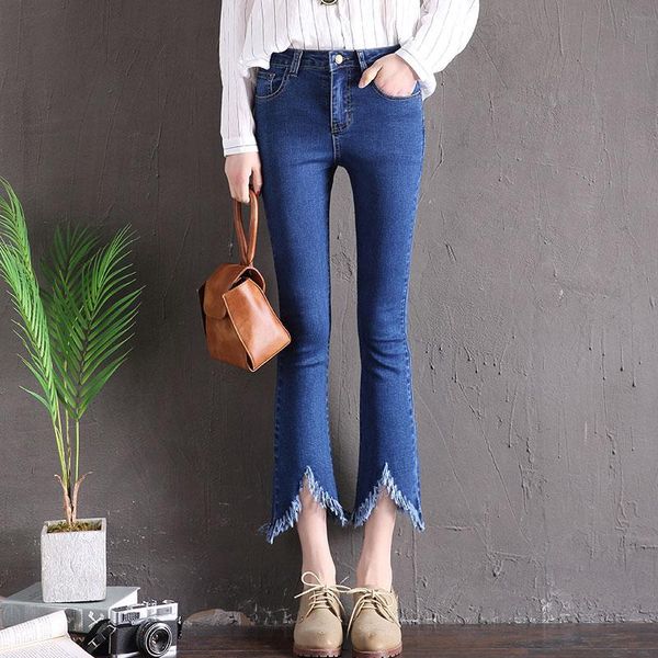 women's jeans spring and autumn high waist slim micro trumpet elastic irregular tassel wide leg pants women, Blue
women's jeans spring and autumn high waist slim micro trumpet elastic irregular tassel wide leg pants women, Blue