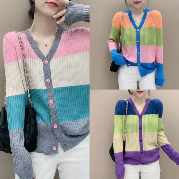women's knits & tees knitted sweater long sleeve cardigan fashion color matching stripes v neck loose single-breasted temperament, White
women's knits & tees knitted sweater long sleeve cardigan fashion color matching stripes v neck loose single-breasted temperament, White