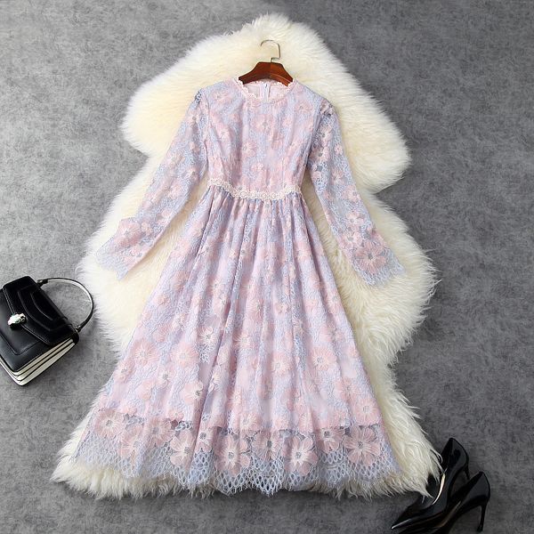 european and american women's clothing new 2021 spring lace with long sleeves and round neck fashion pleated dress, Black;gray
european and american women's clothing new 2021 spring lace with long sleeves and round neck fashion pleated dress, Black;gray