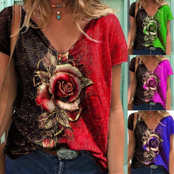 women's t-shirt summer women casual v-neck rose print tees short sleeve loose tshirt, White
women's t-shirt summer women casual v-neck rose print tees short sleeve loose tshirt, White