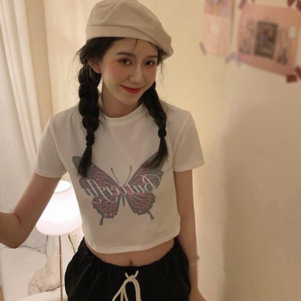 women's t-shirt korean butterfly print design fashion cotton all-match slim short sleeve casual top, White
women's t-shirt korean butterfly print design fashion cotton all-match slim short sleeve casual top, White