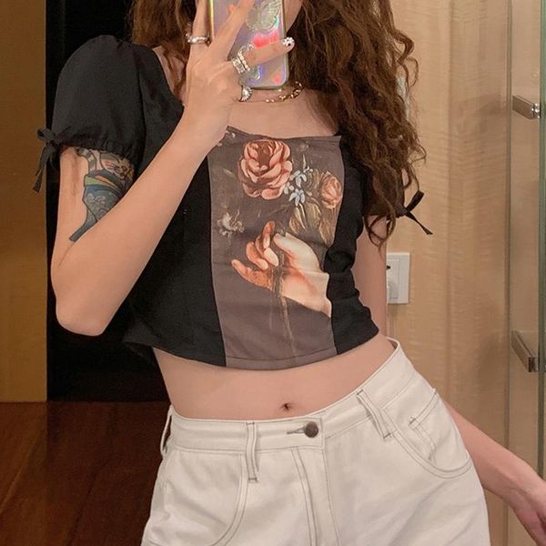 women's t-shirt vintage pattern stylish crop short sleeve square neck slim fit women ladies wild casual daily elegant shirt clothes, White
women's t-shirt vintage pattern stylish crop short sleeve square neck slim fit women ladies wild casual daily elegant shirt clothes, White