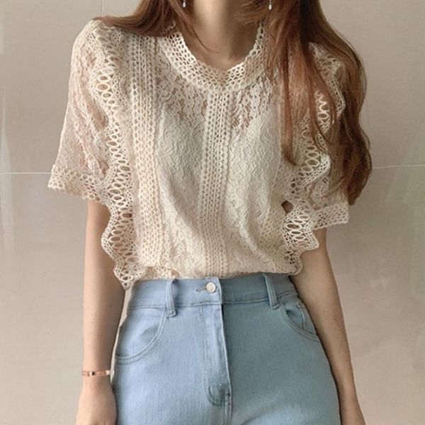 women's blouses & shirts lace shirt women 2021 summer solid color round neck short-sleeved crochet hollow loose wild fashion, White
women's blouses & shirts lace shirt women 2021 summer solid color round neck short-sleeved crochet hollow loose wild fashion, White
