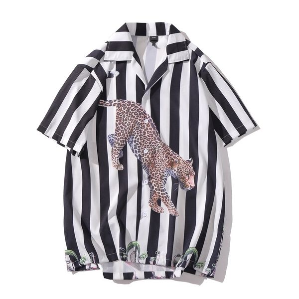 2020 new summer animal leopard thin loose trend short sleeve casual vertical stripe shirt for men, White;black
2020 new summer animal leopard thin loose trend short sleeve casual vertical stripe shirt for men, White;black