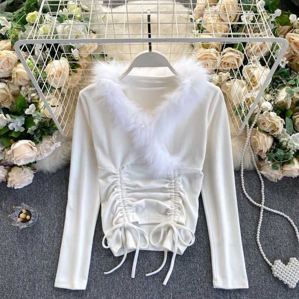2021 women's black/white blouse autumn fur v-neck long sleeve drawstring shirts female casual slim korean ins fashion 8mj9, Blue
2021 women's black/white blouse autumn fur v-neck long sleeve drawstring shirts female casual slim korean ins fashion 8mj9, Blue