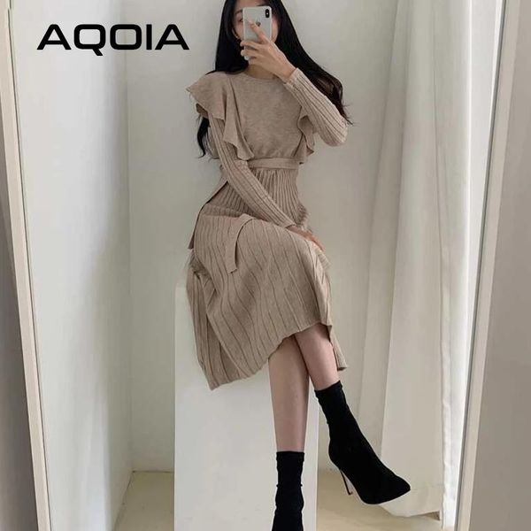 

casual dresses 2021 winter korean sashes knitted sweater dress women ruffled solid color office empire midi women's robe, Black;gray