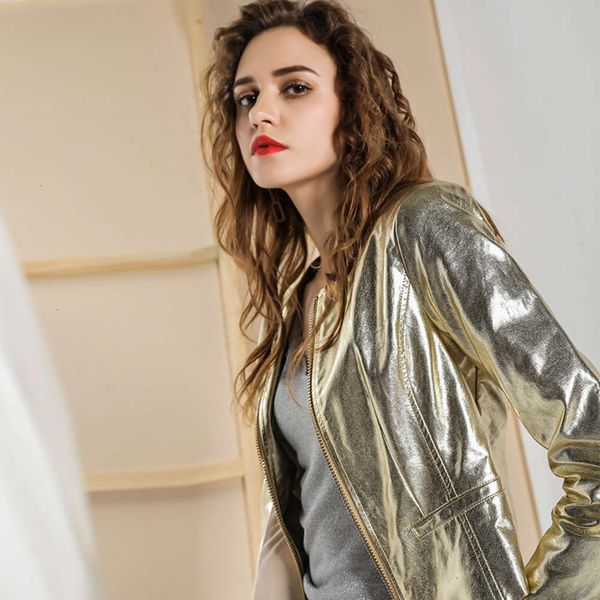 designerleather 2020 spring and autumn new fashion golden pu women's short round neck jacket, Black
designerleather 2020 spring and autumn new fashion golden pu women's short round neck jacket, Black