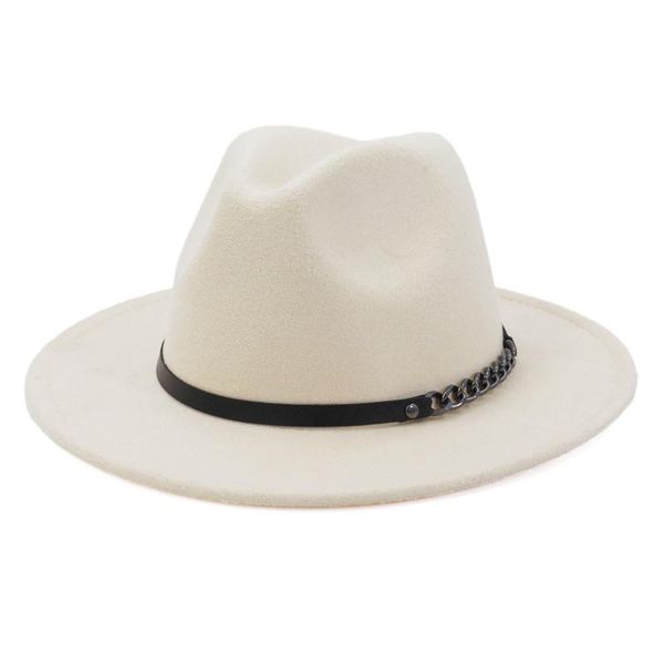 wide brim hats faux wool solid pannama style jazz hat felt fedora chain leather decor women ladies couple and party caps, Blue;gray
wide brim hats faux wool solid pannama style jazz hat felt fedora chain leather decor women ladies couple and party caps, Blue;gray