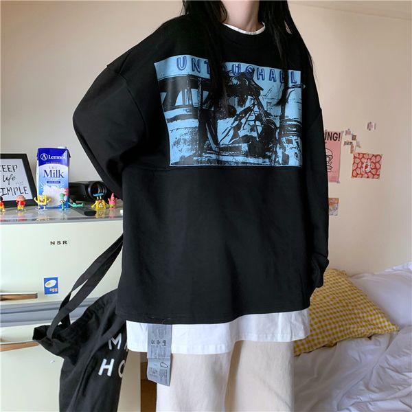 2021 new college style thin loose stitching fake two-piece round neck personalized printed sweatshirt women autumn f8bb, Black
2021 new college style thin loose stitching fake two-piece round neck personalized printed sweatshirt women autumn f8bb, Black