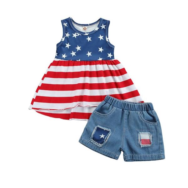 clothing sets fashion children independence day clothes set girls striped sleeveless o-neck + ripped short jeans suit, White
clothing sets fashion children independence day clothes set girls striped sleeveless o-neck + ripped short jeans suit, White