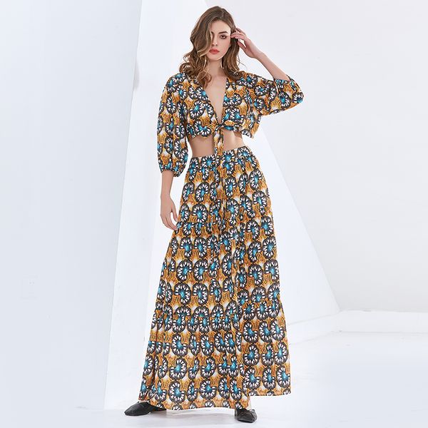 party print sets for women v neck long sleeve short high waist maxi skirt bohemian set female 2021 tide, White
party print sets for women v neck long sleeve short high waist maxi skirt bohemian set female 2021 tide, White