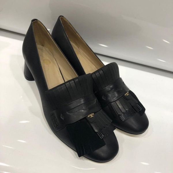 dress shoes 2021 women's genuine leather tassel wedge heel 5.0cm, Black