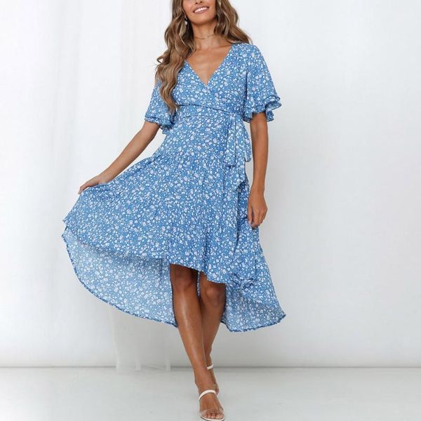 casual dresses boho women long dreess with belt ruffles short sleeve floral print v neck summer dress female beach party #t2g, Black;gray 
casual dresses boho women long dreess with belt ruffles short sleeve floral print v neck summer dress female beach party #t2g, Black;gray