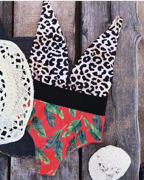 one-piece suits floral deep v-neck halter swimsuit backless lace up women monokini 2021 beach bathing swimwear