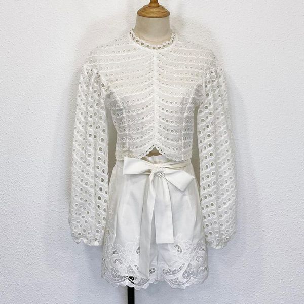 fashion all-match ramie hollow lantern long-sleeved slim women, White 
fashion all-match ramie hollow lantern long-sleeved slim women, White