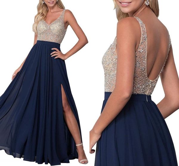 2021 new v-neck evening navy blue chiffon long formal prom gown a line beading backless split sleeveless robe de soiree uemg, Black;red
2021 new v-neck evening navy blue chiffon long formal prom gown a line beading backless split sleeveless robe de soiree uemg, Black;red