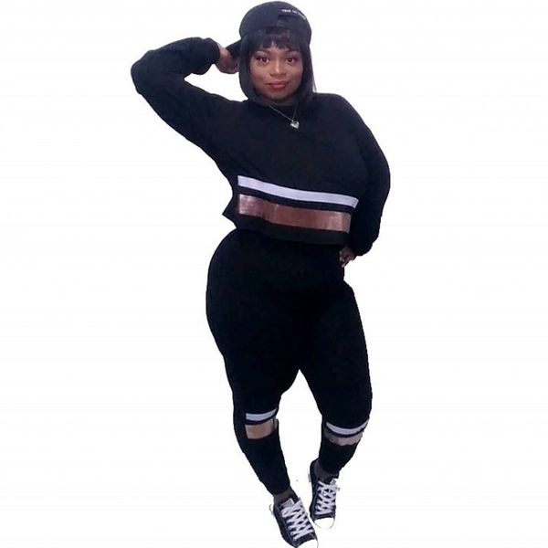 casual striped sequins shredded 2 piece of female tracksuit sweaters and winter suit pants combined kmug, Gray