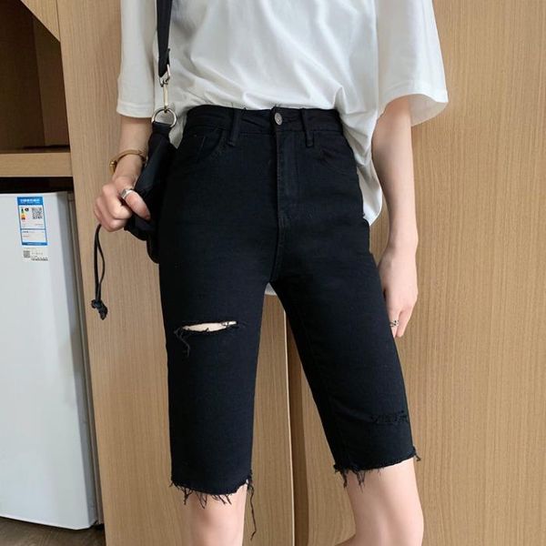 women's jeans black hole in denim shorts female ins thin section of tall waist cultivate morality show 5 minutes pants, Blue
women's jeans black hole in denim shorts female ins thin section of tall waist cultivate morality show 5 minutes pants, Blue