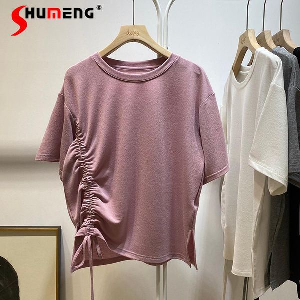 women's t-shirt 2021 summer fashionable korean style loose women pleated drawstring short-sleeved ladies ice silk simple solid tees, White
women's t-shirt 2021 summer fashionable korean style loose women pleated drawstring short-sleeved ladies ice silk simple solid tees, White