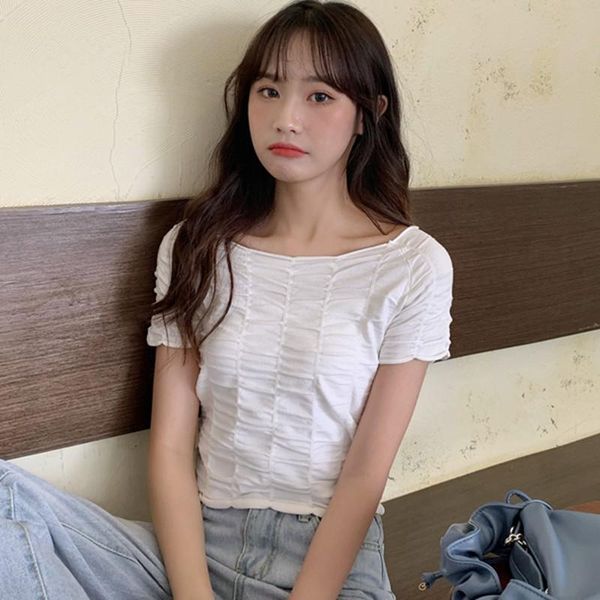 women's t-shirt women stylish simple short-sleeved with net slotted collar and red pleats slim fit clothes four colors, White
women's t-shirt women stylish simple short-sleeved with net slotted collar and red pleats slim fit clothes four colors, White