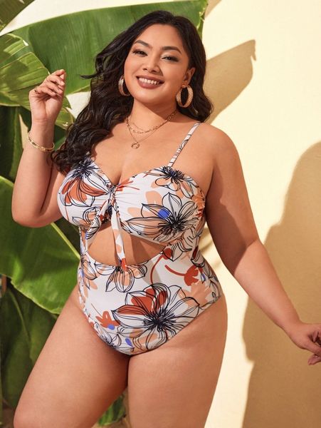 plus floral print cut-out one piece swimsuit a7r5#, Black