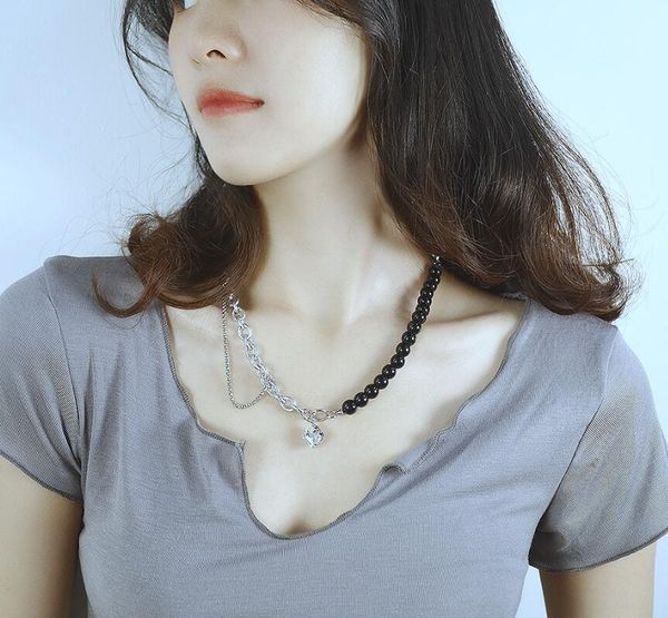 n1992 stainless steel splicing chain clavicle black glass stone beaded necklace cubic zirconia pendant for women lady girls, Silver
n1992 stainless steel splicing chain clavicle black glass stone beaded necklace cubic zirconia pendant for women lady girls, Silver
