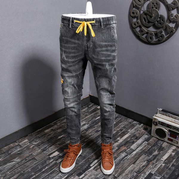 spring and summer elastic waist band jeans men's stitching personalized stretch black grey fashion long pantswinter, Blue
spring and summer elastic waist band jeans men's stitching personalized stretch black grey fashion long pantswinter, Blue