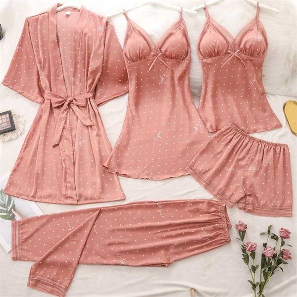 spring 5pcs pajamas sets womens strap pants sleepwear sleep suit casual satin lace print pijamas intimate lingerie 211023, Black;red
spring 5pcs pajamas sets womens strap pants sleepwear sleep suit casual satin lace print pijamas intimate lingerie 211023, Black;red