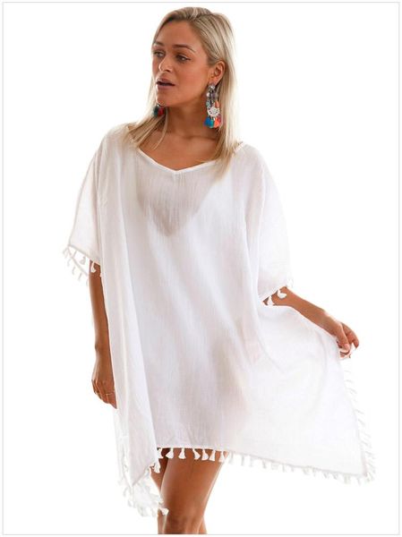 women's swimwear tassel beach dress - white pom hem gauze cover up dresses for women lc42162, White;black
women's swimwear tassel beach dress - white pom hem gauze cover up dresses for women lc42162, White;black