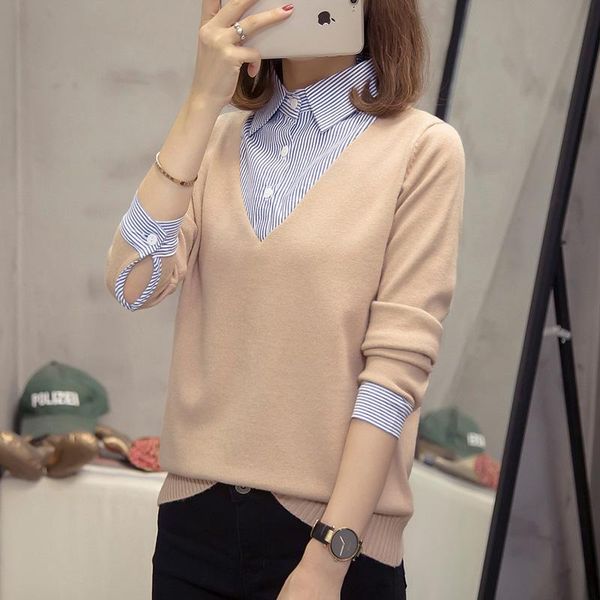 women's sweaters false two piece striped stitch knitted pullover woman blouses winter clothing latest 2021 spring female a6212, White;black
women's sweaters false two piece striped stitch knitted pullover woman blouses winter clothing latest 2021 spring female a6212, White;black