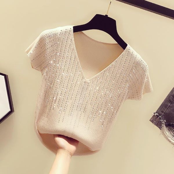 women's t-shirt drilling ice silk sweater slim v-neck 2021 summer short-sleeved shirt, White
women's t-shirt drilling ice silk sweater slim v-neck 2021 summer short-sleeved shirt, White