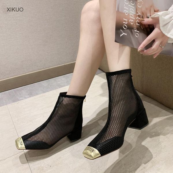 boots gauze hollow out 2021 thick heel women's high, Black