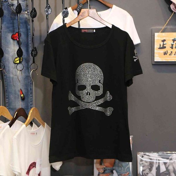 short sleeve summer clothes women t shirts fashion loose pullovers casual round neck skull diamonds female tees, White
short sleeve summer clothes women t shirts fashion loose pullovers casual round neck skull diamonds female tees, White