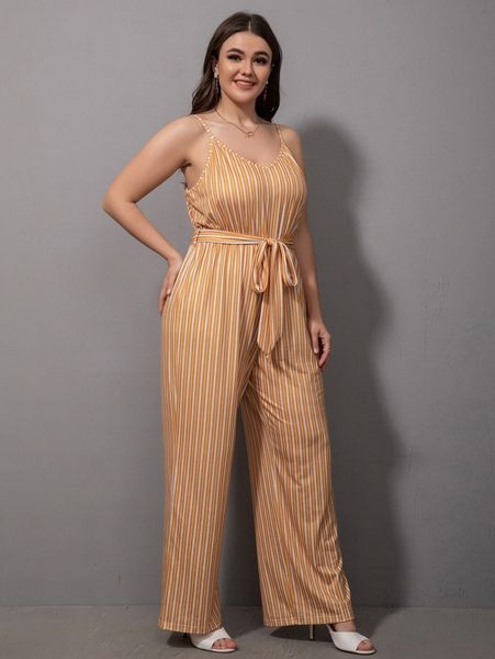 plus striped belted jumpsuit i9lz#, Black