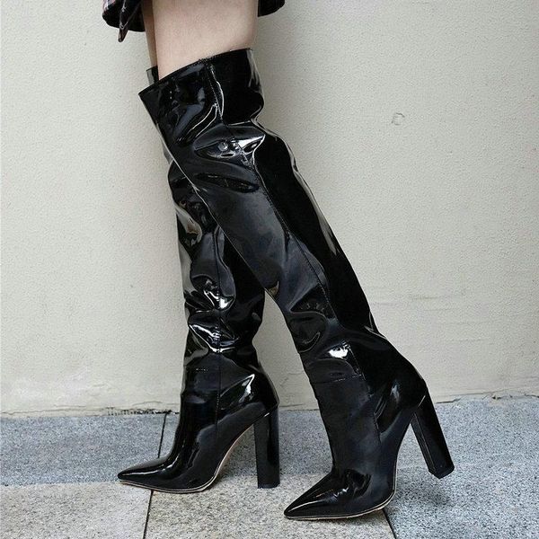 boots fashion patent leather slip on over the knee women pointed toe long ladies square high heel autumn winter shoes, Black
boots fashion patent leather slip on over the knee women pointed toe long ladies square high heel autumn winter shoes, Black