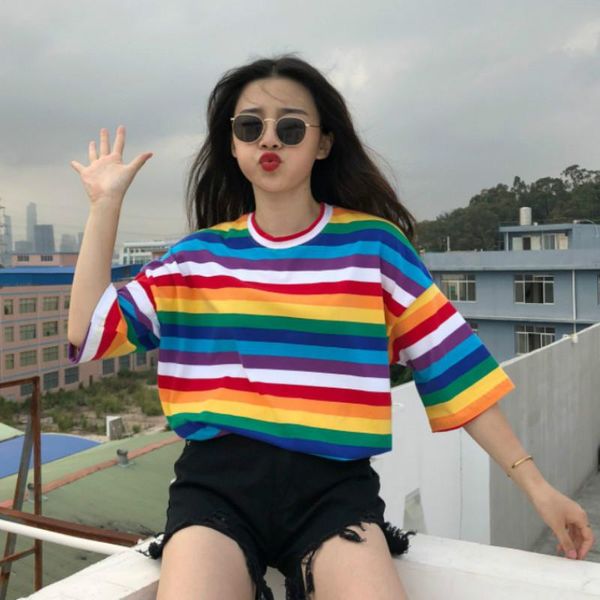 women's t-shirt t shirt women rainbow striped punk o-neck casual harajuku tshirt short sleeve korean fashion camiseta feminina top, White
women's t-shirt t shirt women rainbow striped punk o-neck casual harajuku tshirt short sleeve korean fashion camiseta feminina top, White
