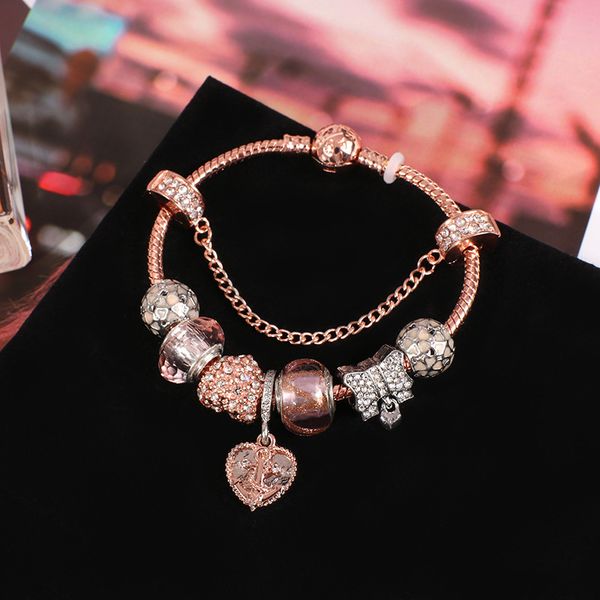 strands love rose gold bracelet set with diamond pink glass beads round hole lover jewelry, Black
strands love rose gold bracelet set with diamond pink glass beads round hole lover jewelry, Black
