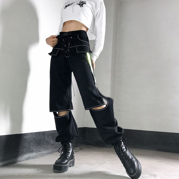 black high waist cargo pants women harajuku hip hop ladies trousers lace up reflective sweatpants woman streetwear, Black;white
black high waist cargo pants women harajuku hip hop ladies trousers lace up reflective sweatpants woman streetwear, Black;white