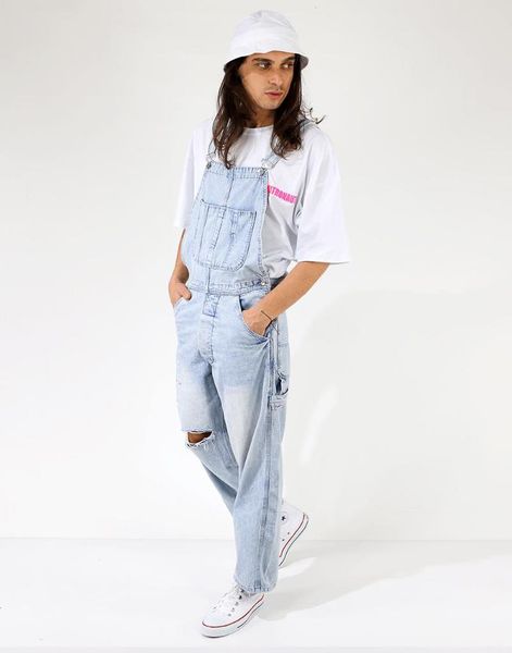 ice blue denim overalls male straps men's jeans