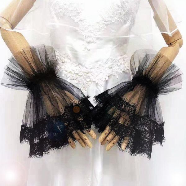 bridal gloves floral lace short ruffled sheer tulle women wedding party fancy costumes fake female sleeves st316, White 
bridal gloves floral lace short ruffled sheer tulle women wedding party fancy costumes fake female sleeves st316, White
