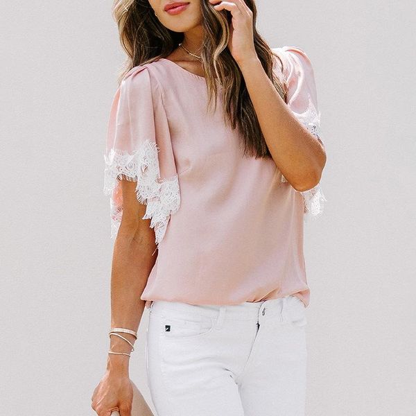 women's t-shirt short sleeve shirt 2021 summer lace round neck splicing pullover, White
women's t-shirt short sleeve shirt 2021 summer lace round neck splicing pullover, White