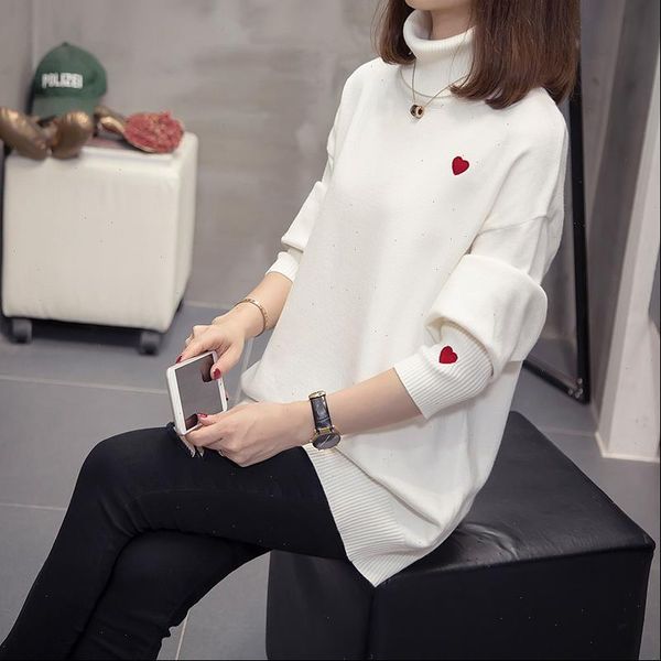 women turtleneck sweater autumn winter korean style embroidery casual long sleeve loose plus size female keep warm pullover, White;black
women turtleneck sweater autumn winter korean style embroidery casual long sleeve loose plus size female keep warm pullover, White;black