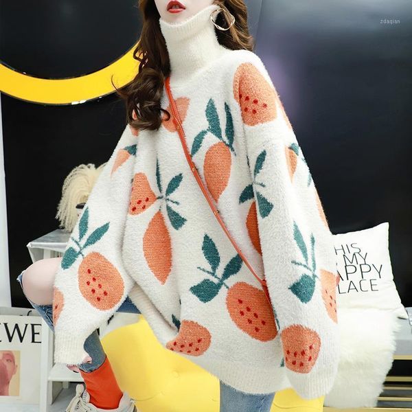 women's sweaters women oversize turtleneck fruit printed pullovers fall winter loose thick knit plush sweater female, White;black
women's sweaters women oversize turtleneck fruit printed pullovers fall winter loose thick knit plush sweater female, White;black